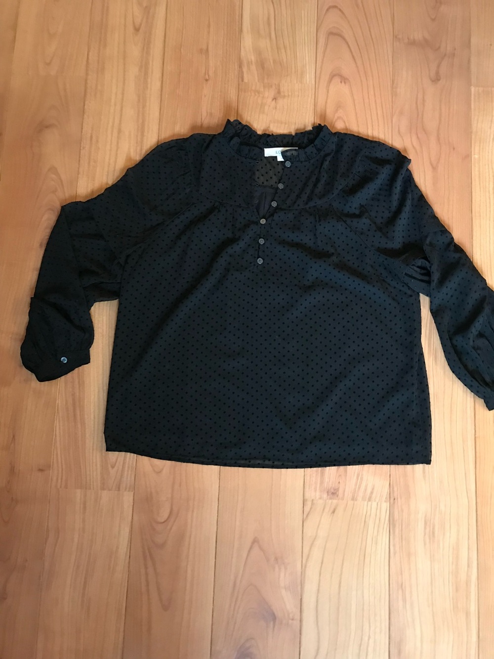 LOFT Women's Black Dotted Long-Sleeve sheer Henley Blouse